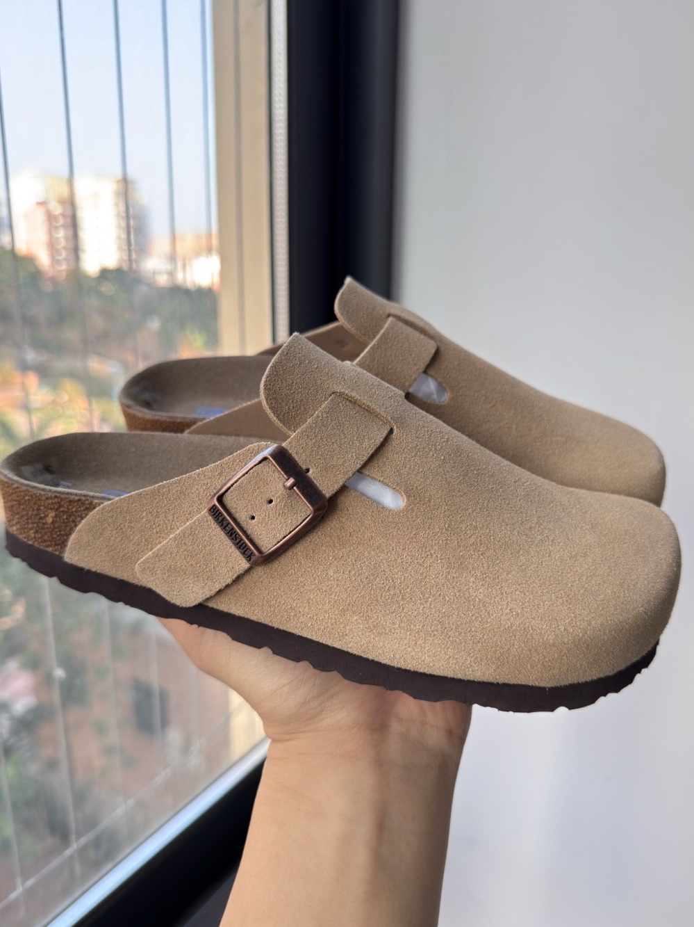 Birkenstock Boston taupe suede mule clogs